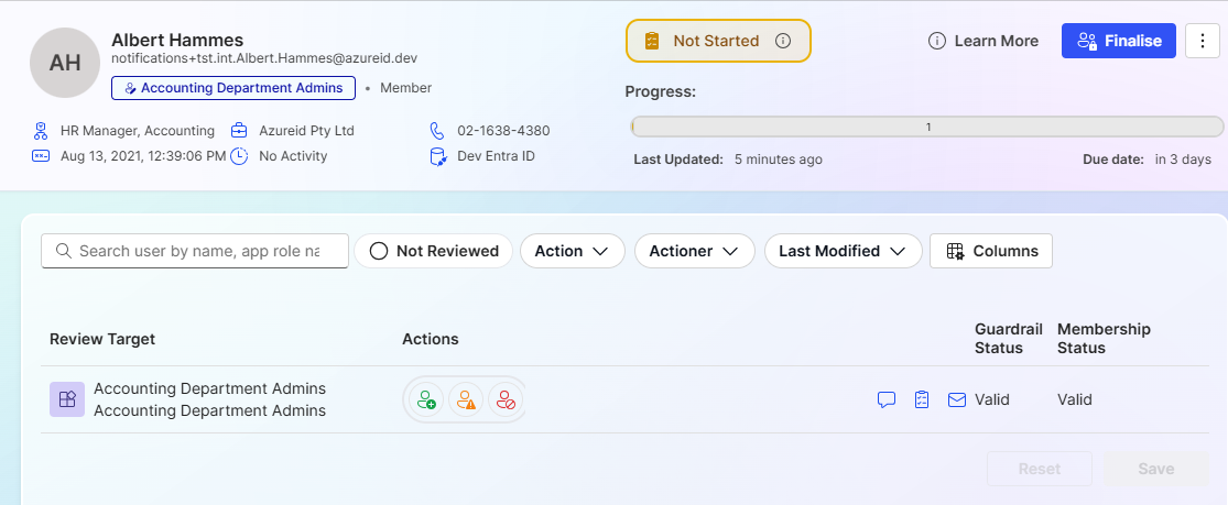 Selecting a user for an Access Review